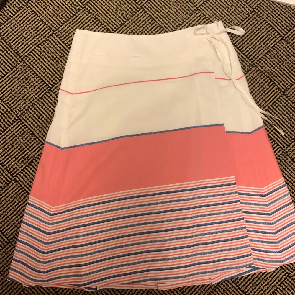 Stylish Pink, dark blue, and cream midi mock-wrap Skirt; lined with cotton slip